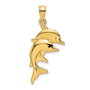 14k Yellow Gold 2-D Polished Double Dolphins Necklace Charm Pendant